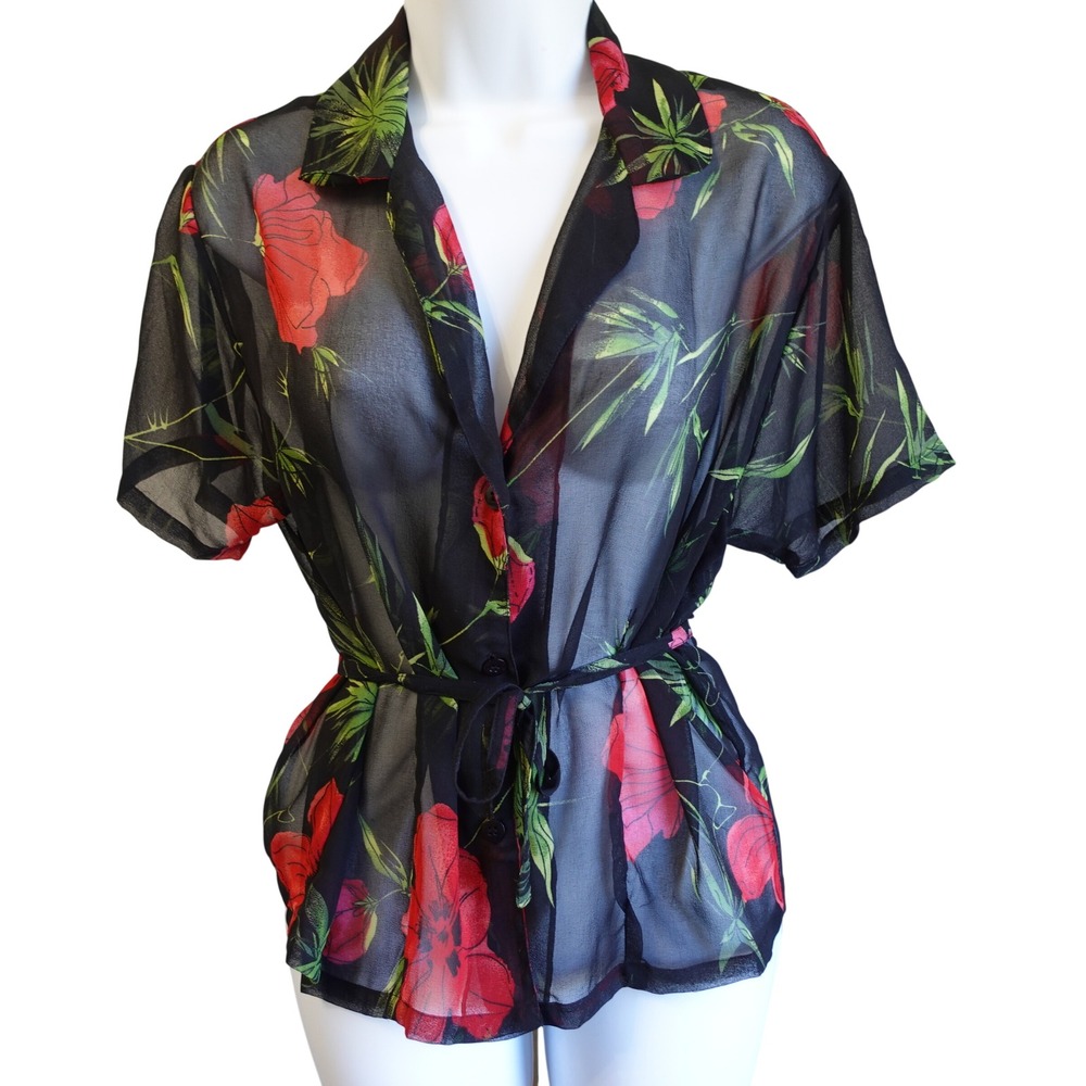 Vintage 90s Black Sheer Red Floral Print Button Up Tie Waist Blouse Med Romantic